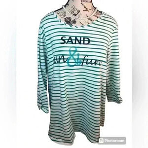 Chicos Zenergy Size 3 (XL) Green and White Stripe Blouse Sand Sun & Fun Logo